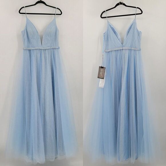 Mac Duggal Gown Elsa Princess Ice Blue Sparkle Plunging V Full Tulle A-line 10 - Picture 3 of 17